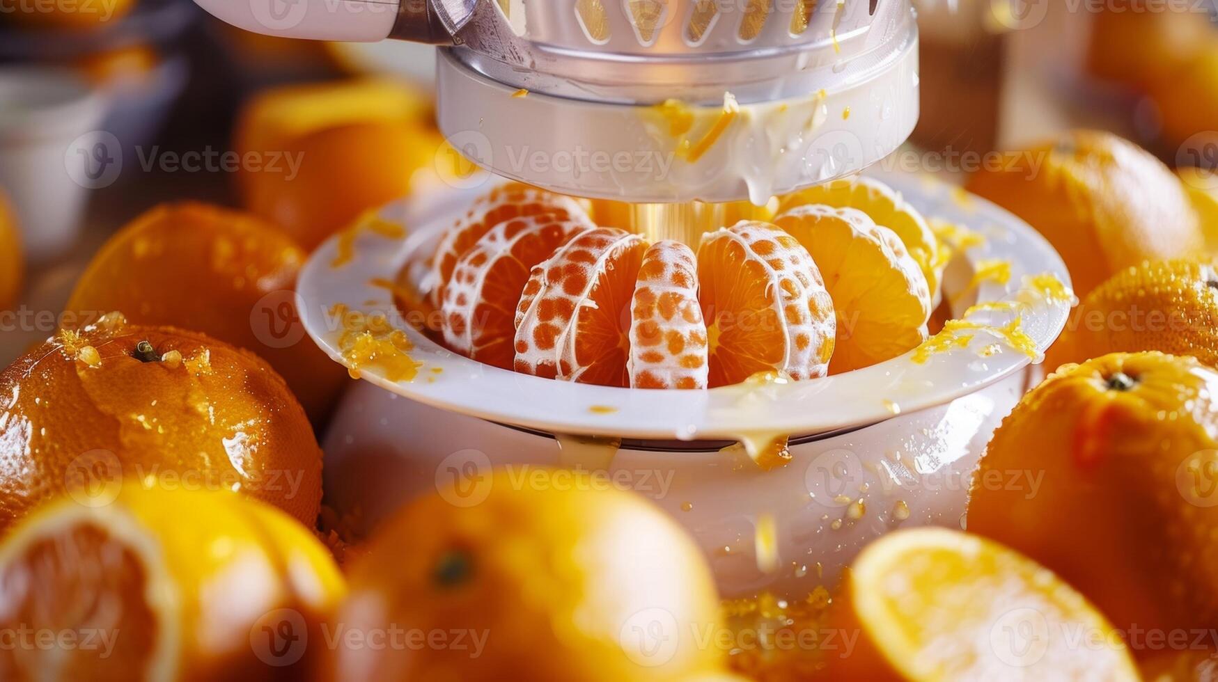 ein handgepresst Entsafter ist schwer beim Arbeit drehen frisch Orangen in ein lecker Süss Saft foto