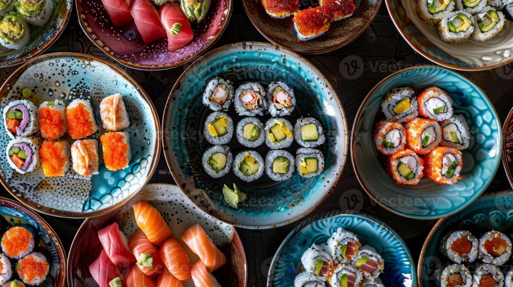 ein Auswahl von bunt Keramik Geschirr gefüllt mit Sushi Rollen jeder einer ein Arbeit von Kunst foto