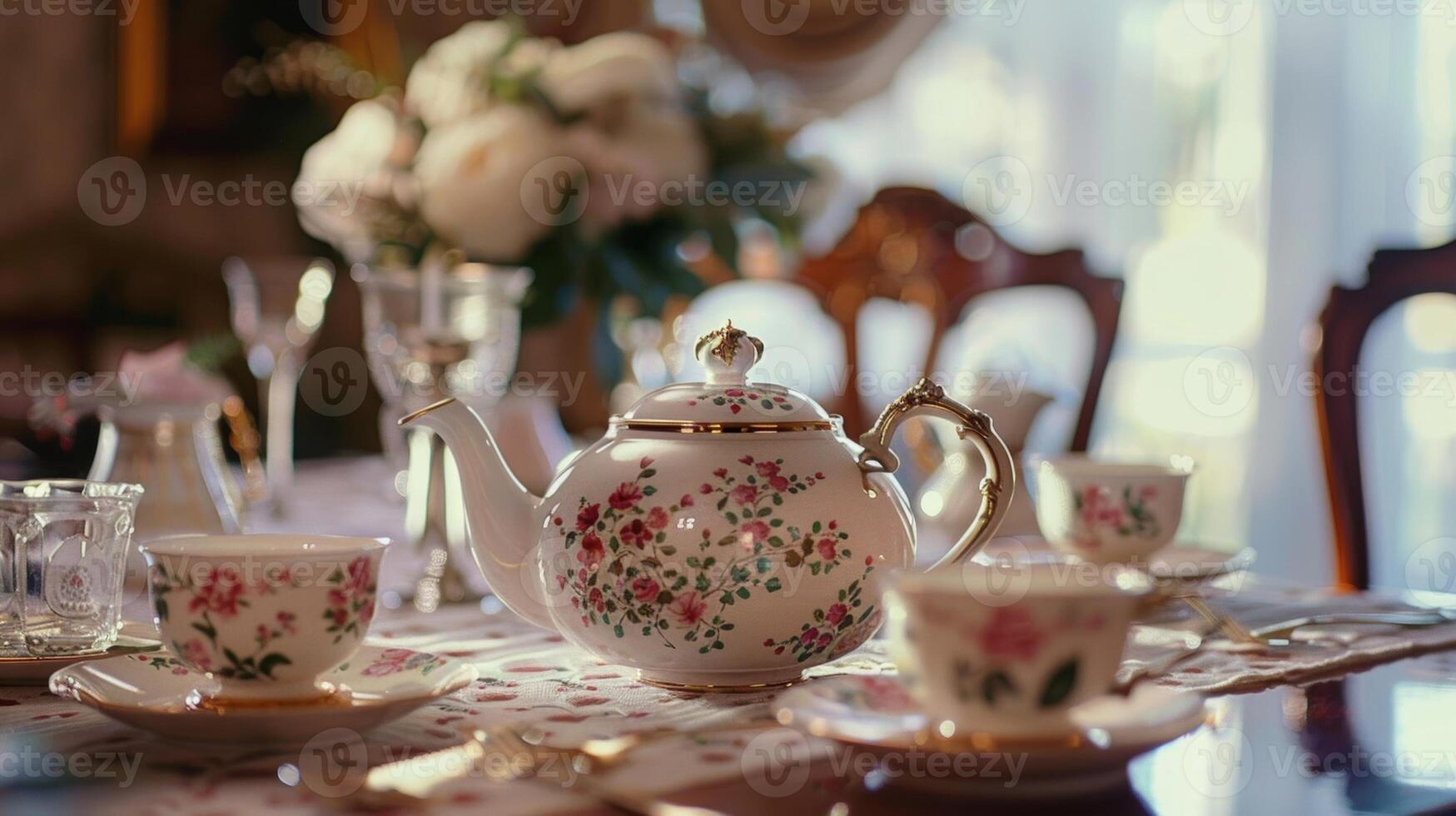 ein klassisch Teekanne mit ein Blumen- Muster sitzt beim das Center von das Tabelle einladend das Jugendliche zu gießen sich Ein weiterer Tasse foto
