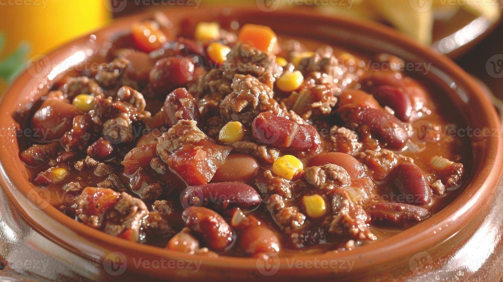 ein herzhaft Schüssel von Chili con Carne gefüllt mit Brocken von Rindfleisch und Bohnen wärmt das Seele auf ein cool Western Abend foto