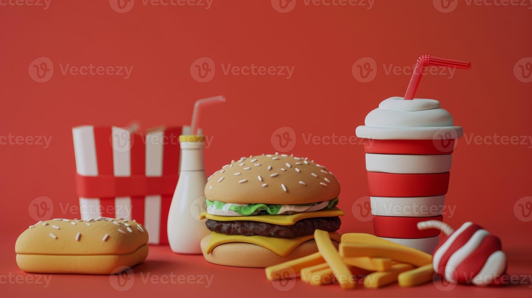 ein einstellen von Lehm Essen Artikel einschließlich ein Burger Fritten und ein Milchshake bereit zu Sein benutzt im ein spielerisch Stopmotion Restaurant Szene. foto