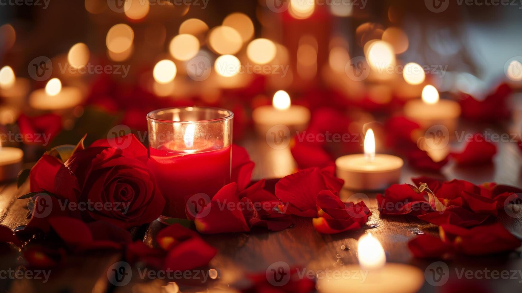 ein romantisch Datum Nacht wo Rose Blütenblätter und zart Parfums einstellen das Stimmung zum Leidenschaft und Liebe foto