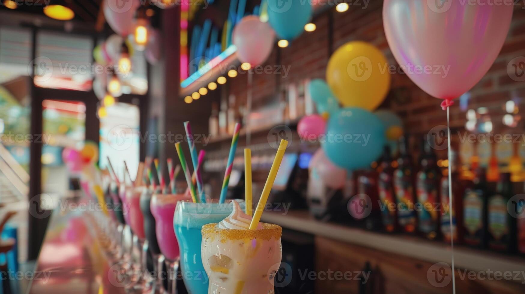 ein spielerisch Zeichen auf das Mauer Das liest Cocktail Bar mit bunt Luftballons und Papier Strohhalme einladend Kinder zu Kommen Sie und machen ihr besitzen Getränke foto