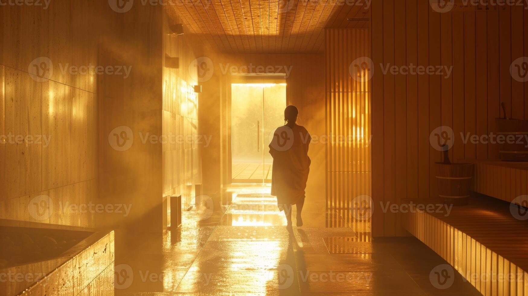 wie Sie Schritt aus von das Sauna ein Gefühl von Ruhe und innere Frieden wäscht Über Sie bereit zu Gesicht das Tag mit ein erneuert Ausblick. foto