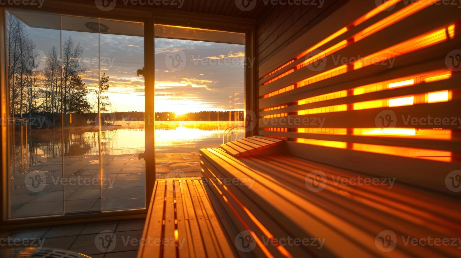 das Sauna Landschaft beim Dämmerung mit Sanft golden Licht leuchtenden durch das Fenster und Erstellen ein still Atmosphäre zum Entgiftung und Erneuerung. foto