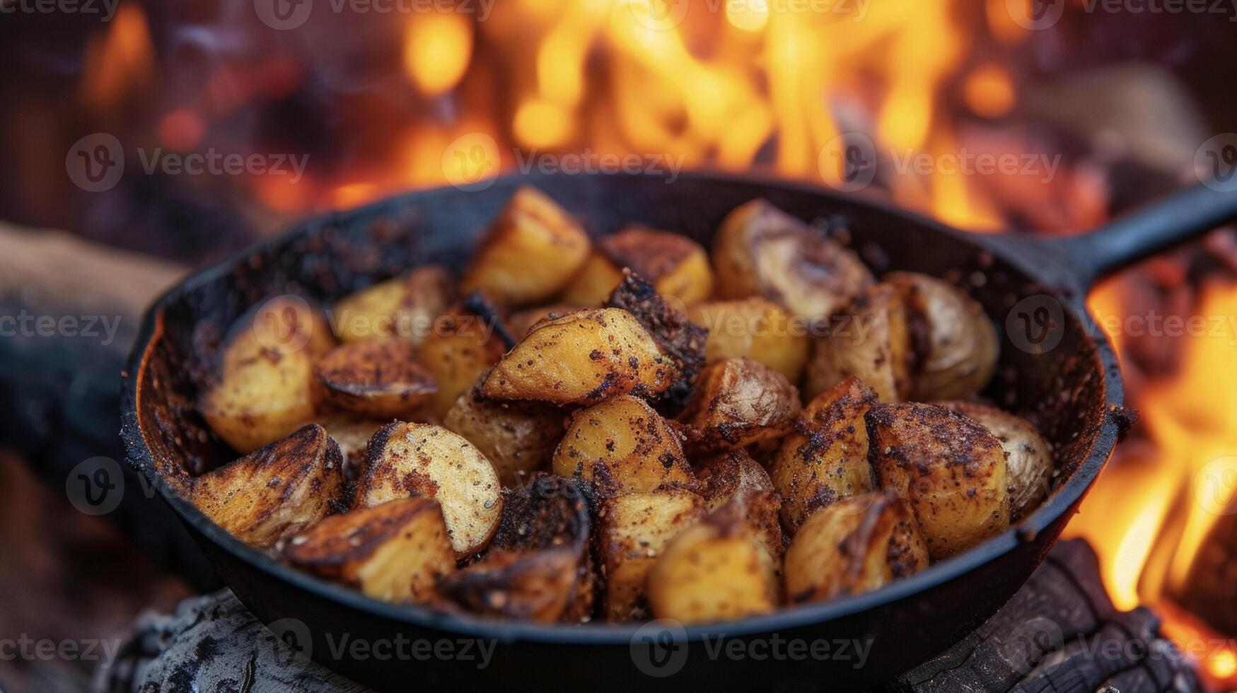 geröstet Kartoffeln gewürzt mit ein feurig Mischung von Chili Pulver Kreuzkümmel und Knoblauch sind serviert im ein Besetzung Eisen schwenken Gerade von das heiß Kohlen von ein Lagerfeuer. das sengend Hitze Ö foto