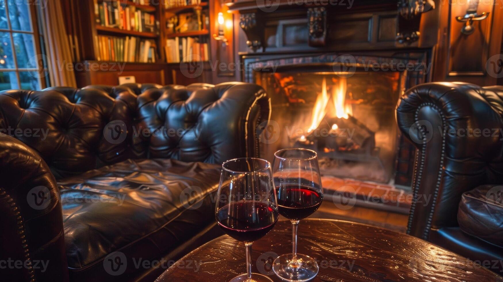 von das Leder Couch Gegenteil das Kamin Gäste können Schluck auf ein Glas von rot Wein und genießen das faszinierend tanzen von das Flammen. 2d eben Karikatur foto
