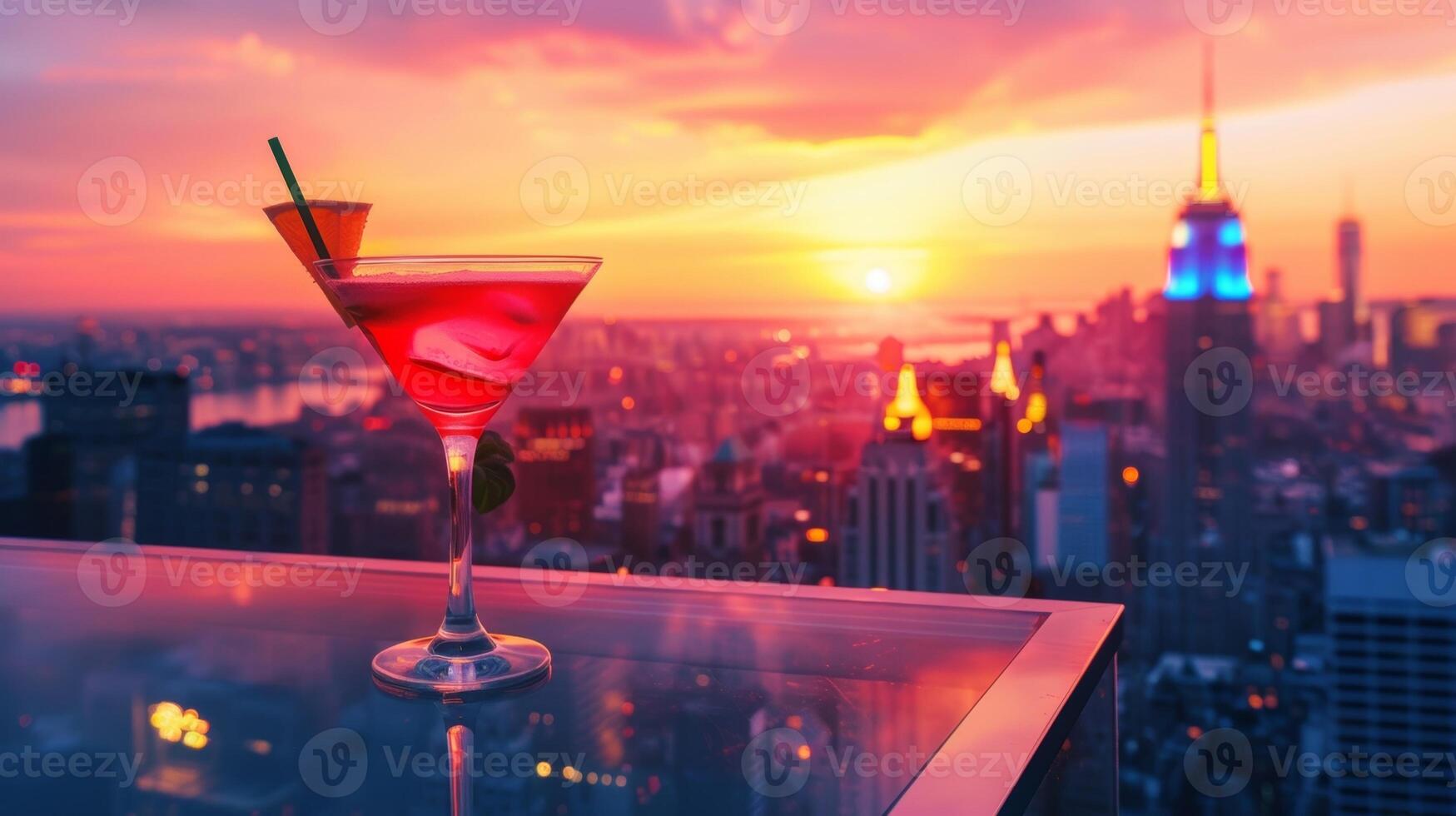 ein atemberaubend Aussicht von das Stadt Horizont beim Sonnenuntergang mit ein Person genießen ein schick Cocktail auf ein Dach Bar foto