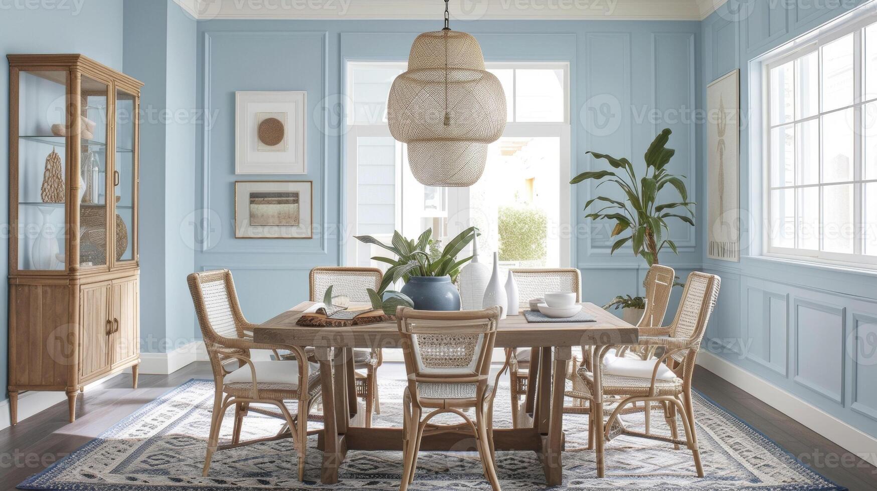 ein Familie Farben ihr Essen Zimmer im ein beruhigend Blau Farbton sofort Aufhellung oben das Raum und Erstellen ein beruhigend Atmosphäre zum Familie Abendessen foto