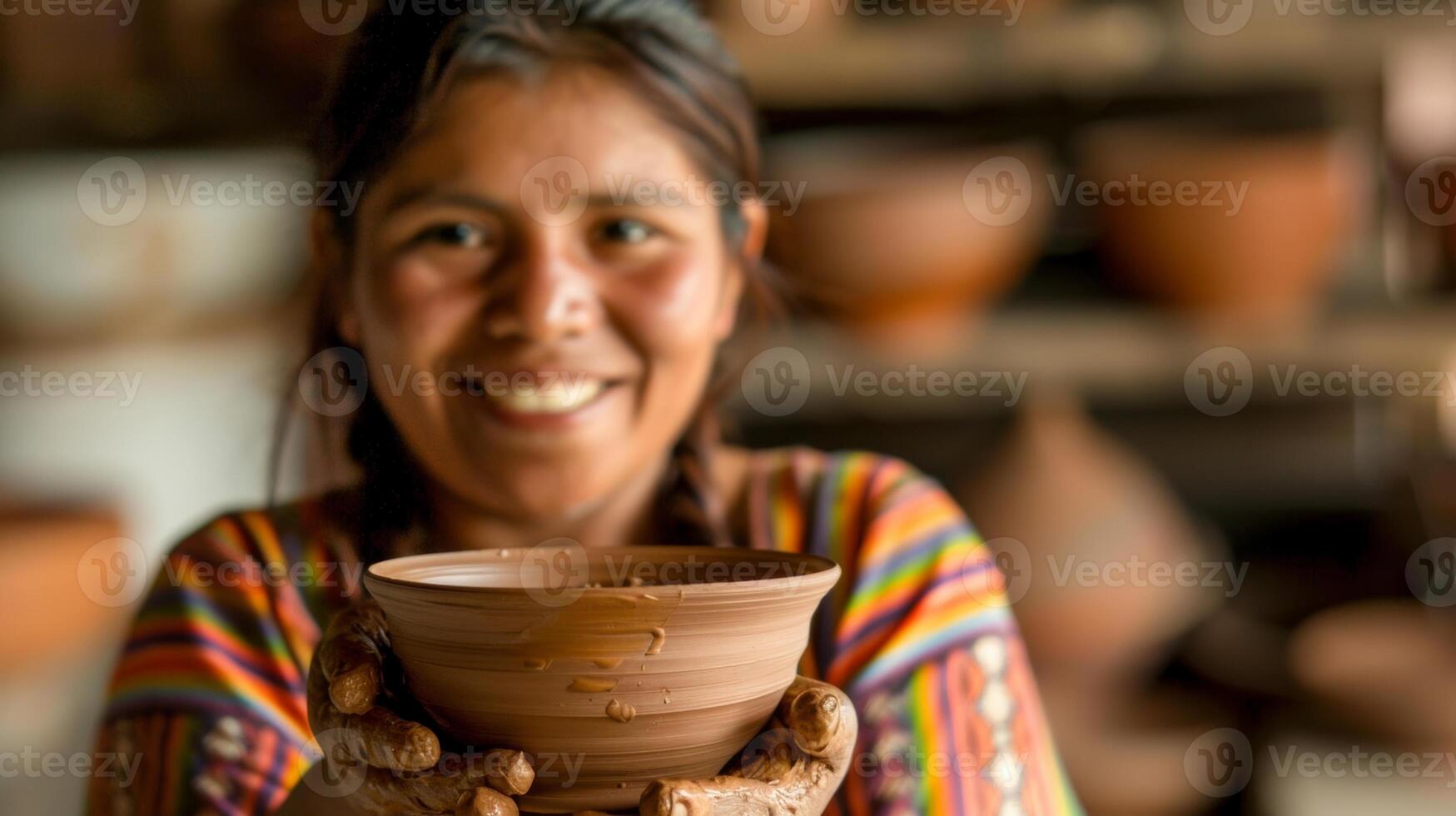 ein stolz Lächeln Kreuze jemand Gesicht wie Sie halt oben ihr fertig Keramik Schaffung das Ergebnis von ihr schwer Arbeit foto