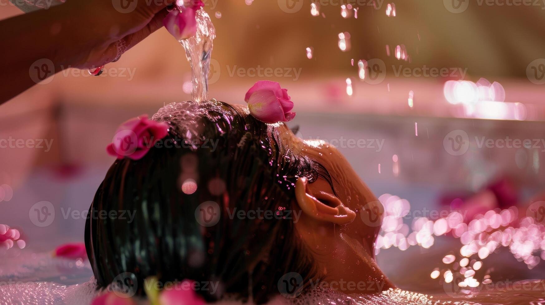 ein Person Gießen Rosenwasser Über ihr Haar während im das Sauna mit das Hitze zu einflößen das Rose Duft und Verlassen ihr Haar glänzend und weich. foto