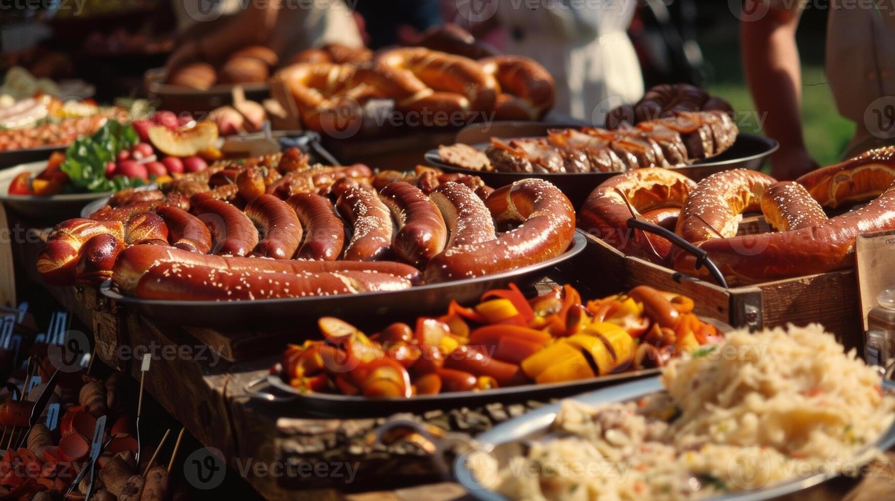 ein lange Tabelle ist einstellen oben mit ein Array von traditionell Deutsche Lebensmittel einschließlich Bratwurst Brezeln und Sauerkraut alle bereit zum hungrig Festivalbesucher zu genießen foto