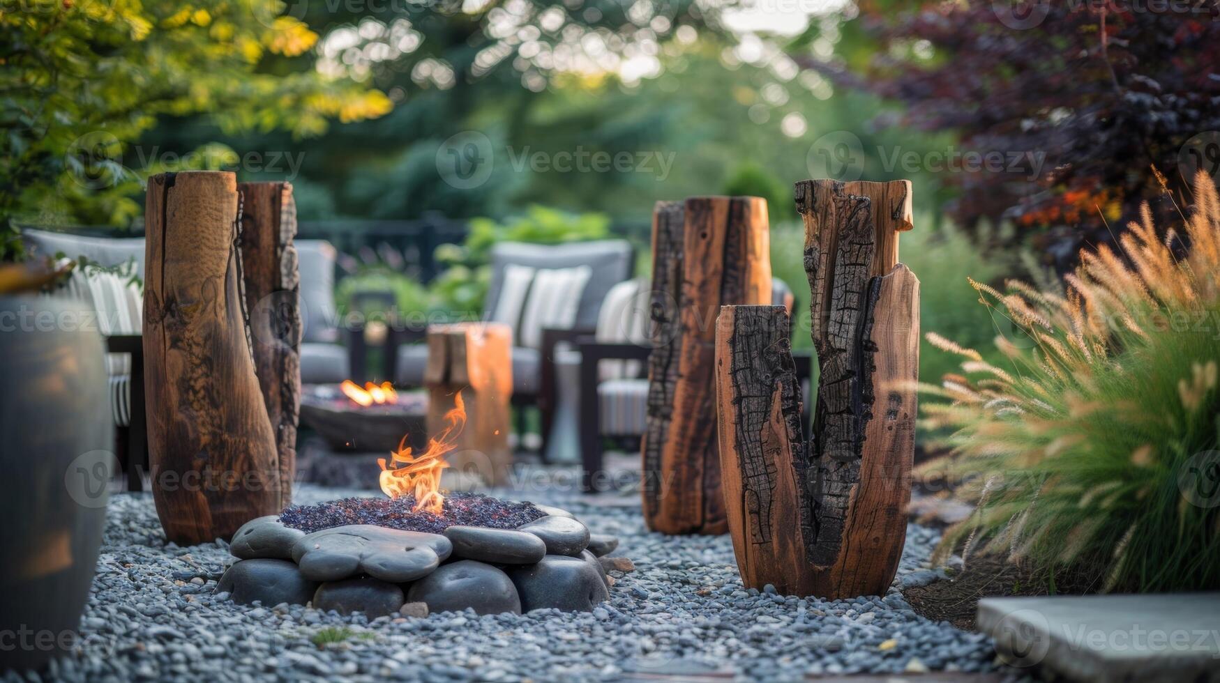 rustikal hölzern Skulpturen Linie das Umfang von das Feuer Grube ihr Rau Texturen und natürlich Formen mischen harmonisch mit das draussen Einstellung. 2d eben Karikatur foto