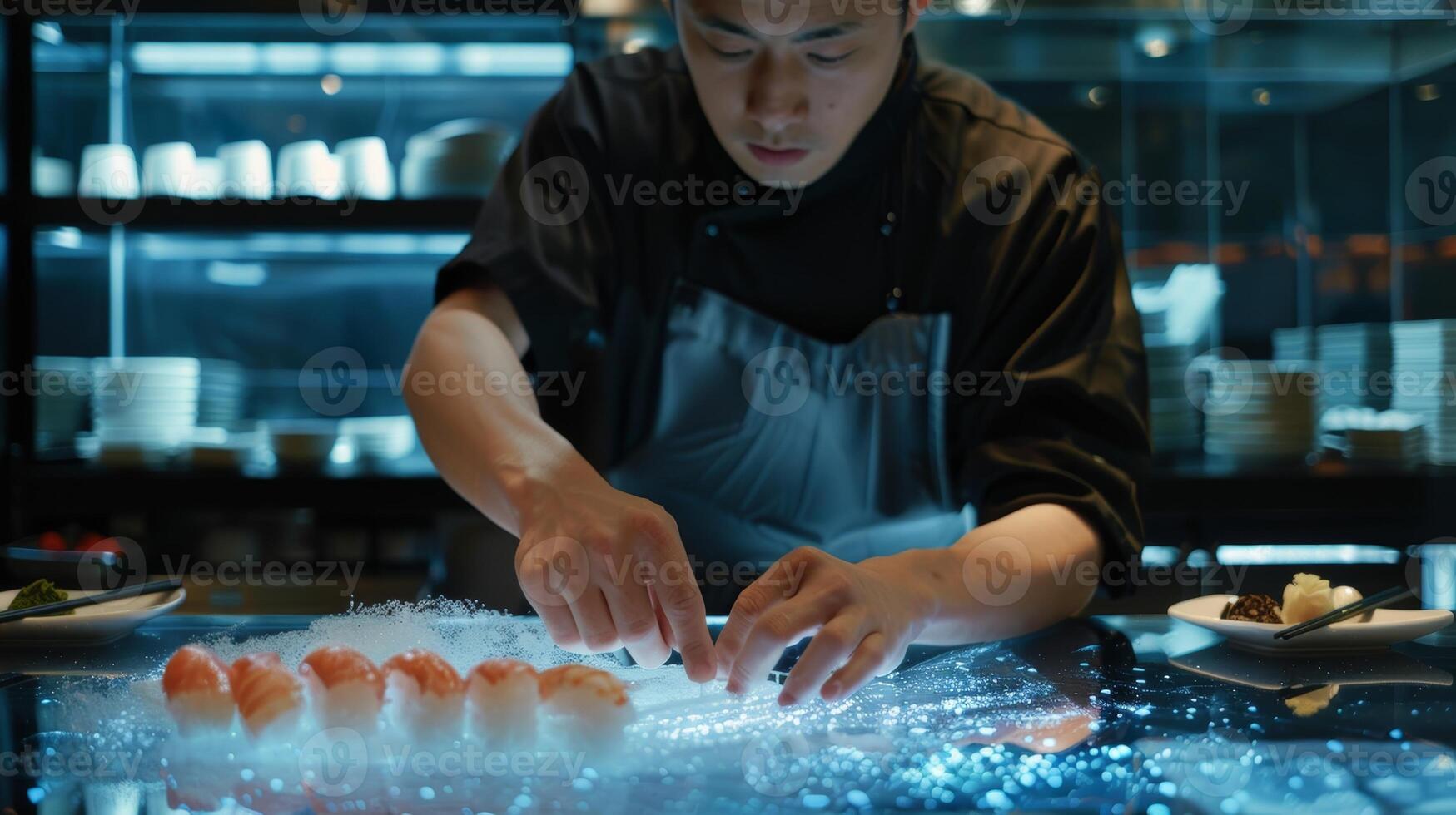 ein Sushi Koch demonstrieren das Technik von Handpressen Reis auf zu ein Blatt von nori ein wesentlich Schritt im das Sushi machen Prozess foto