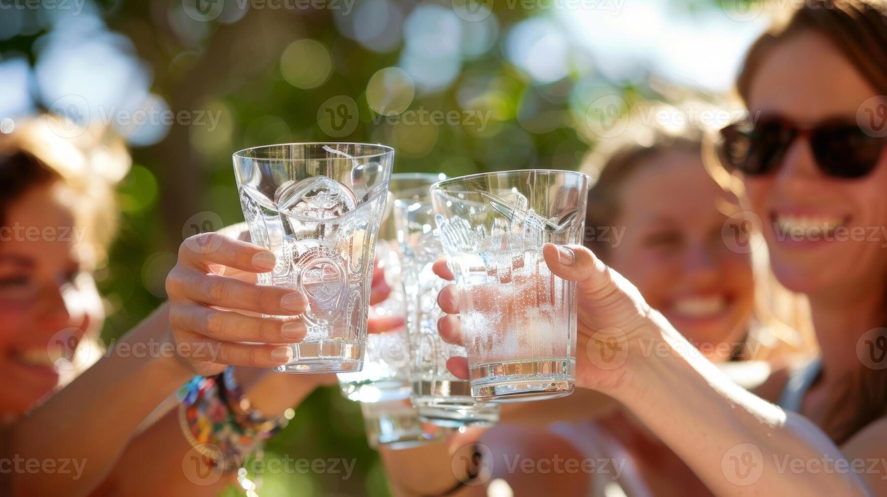 ein Gruppe von heiter Menschen erziehen ihr Brille im ein Toast jeder haben gewählt ein einzigartig flach Selters zu Schluck auf während das Versammlung foto