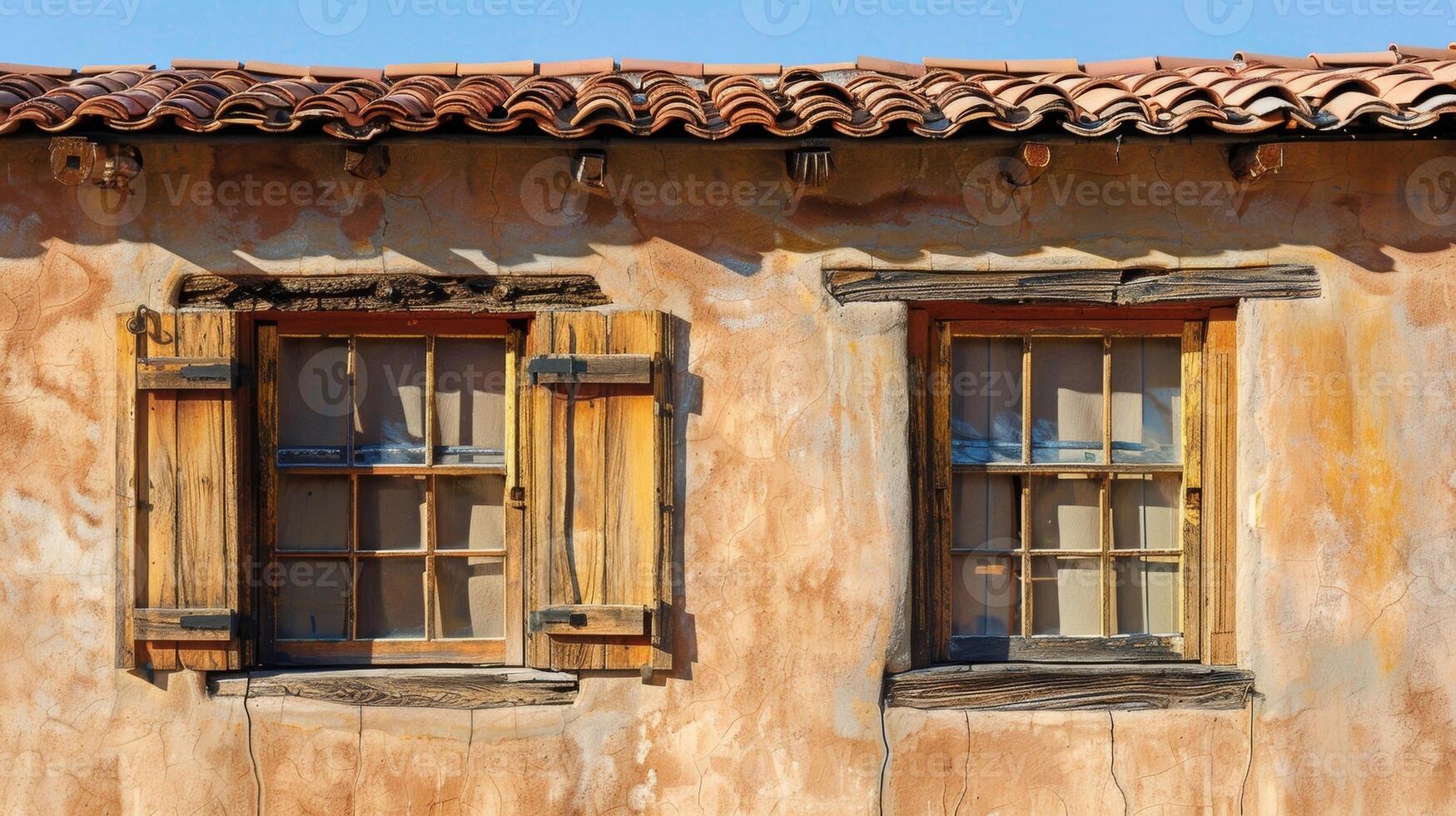 ein staubig Adobe Gebäude mit aufwendig hölzern Fensterläden und ein Spanisch Fliese Dach präsentieren ein Verschmelzung von Grenze und Mexikaner Einflüsse foto