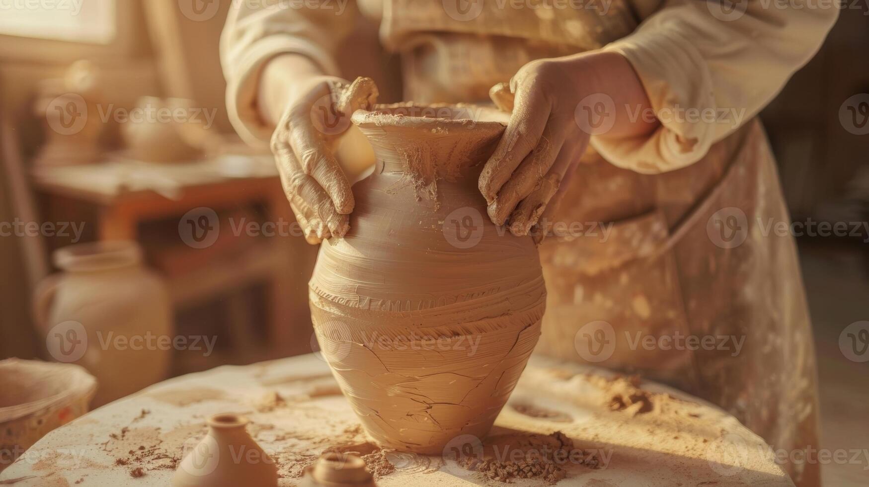 ein Nahansicht Schuss von jemand Hände vorsichtig Formen ein Platte von Lehm in ein schön Vase foto