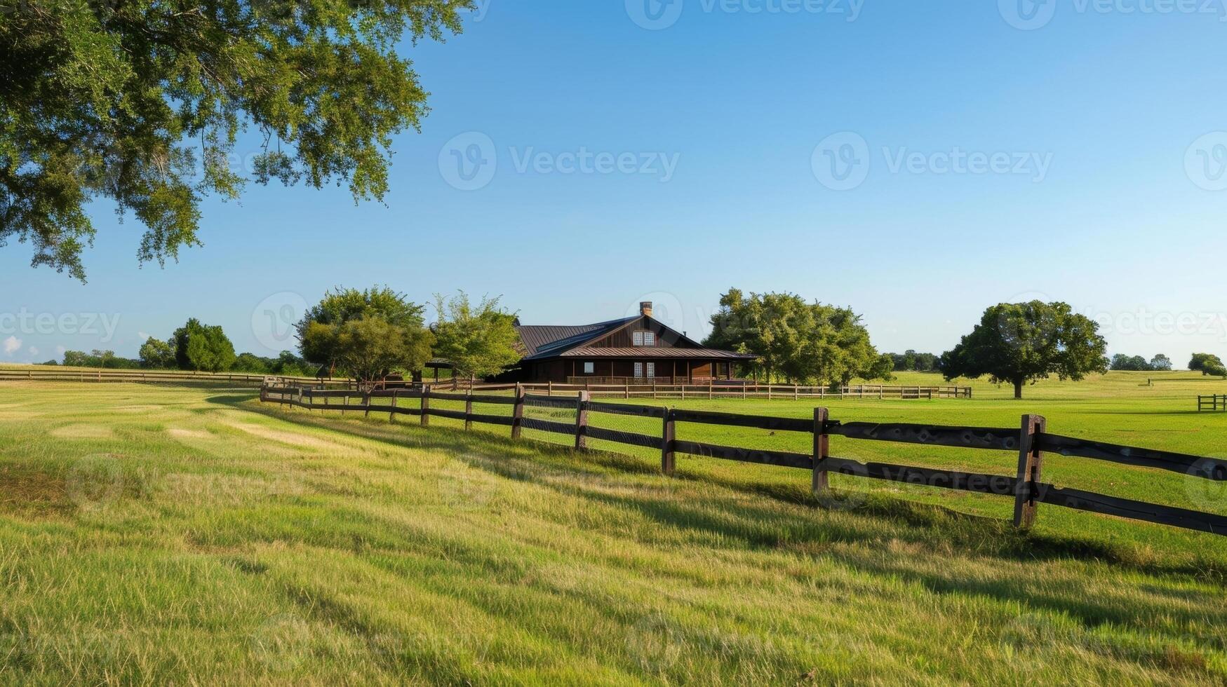 ein weitläufig Ranch Haus mit ein breit Vorderseite Veranda und ein hölzern Zaun einschließen das riesig Felder und Stallungen foto