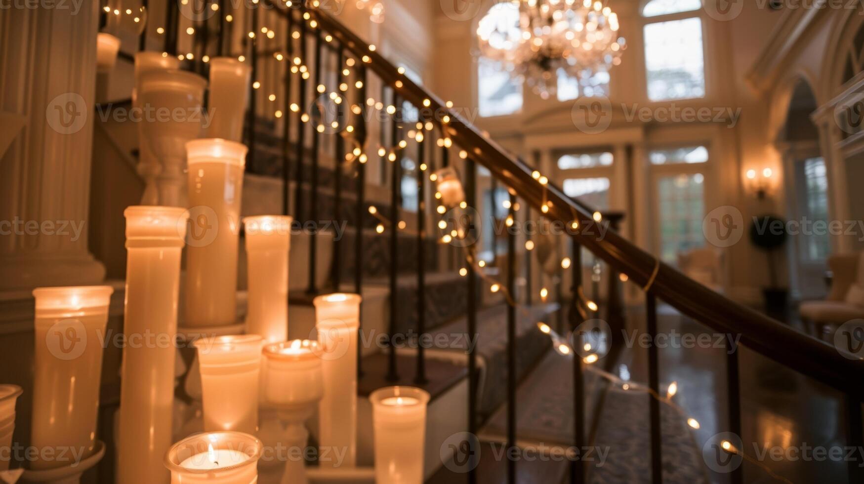 das Kaskadierung bewirken von das abgestuft Kerze Anzeige zeichnet das Auge nach oben akzentuierend das hoch Decken und Hinzufügen Theater zu diese opulent Foyer. 2d eben Karikatur foto