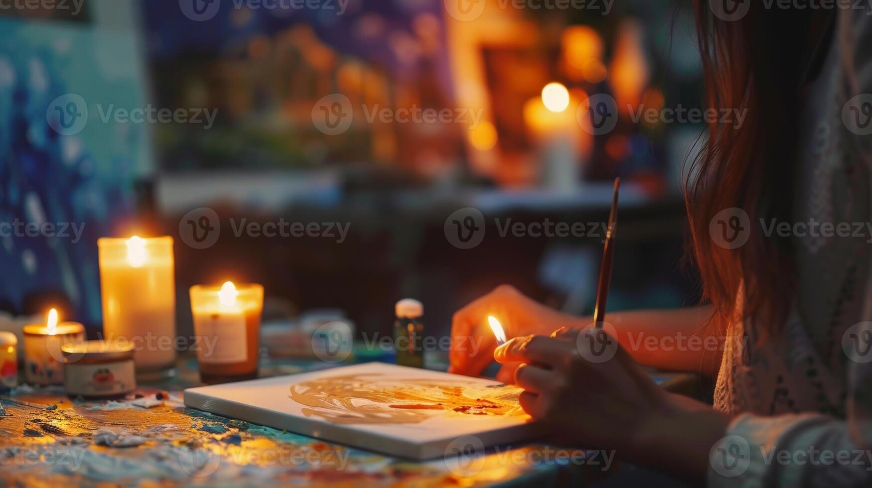 das Kerzenlicht Gemälde Werkstatt bietet an ein einzigartig und intim Weg zu Zapfhahn in Einsen Kreativität umgeben durch das Magie von flackern Flammen und endlos künstlerisch Möglichkeiten. 2d eben foto