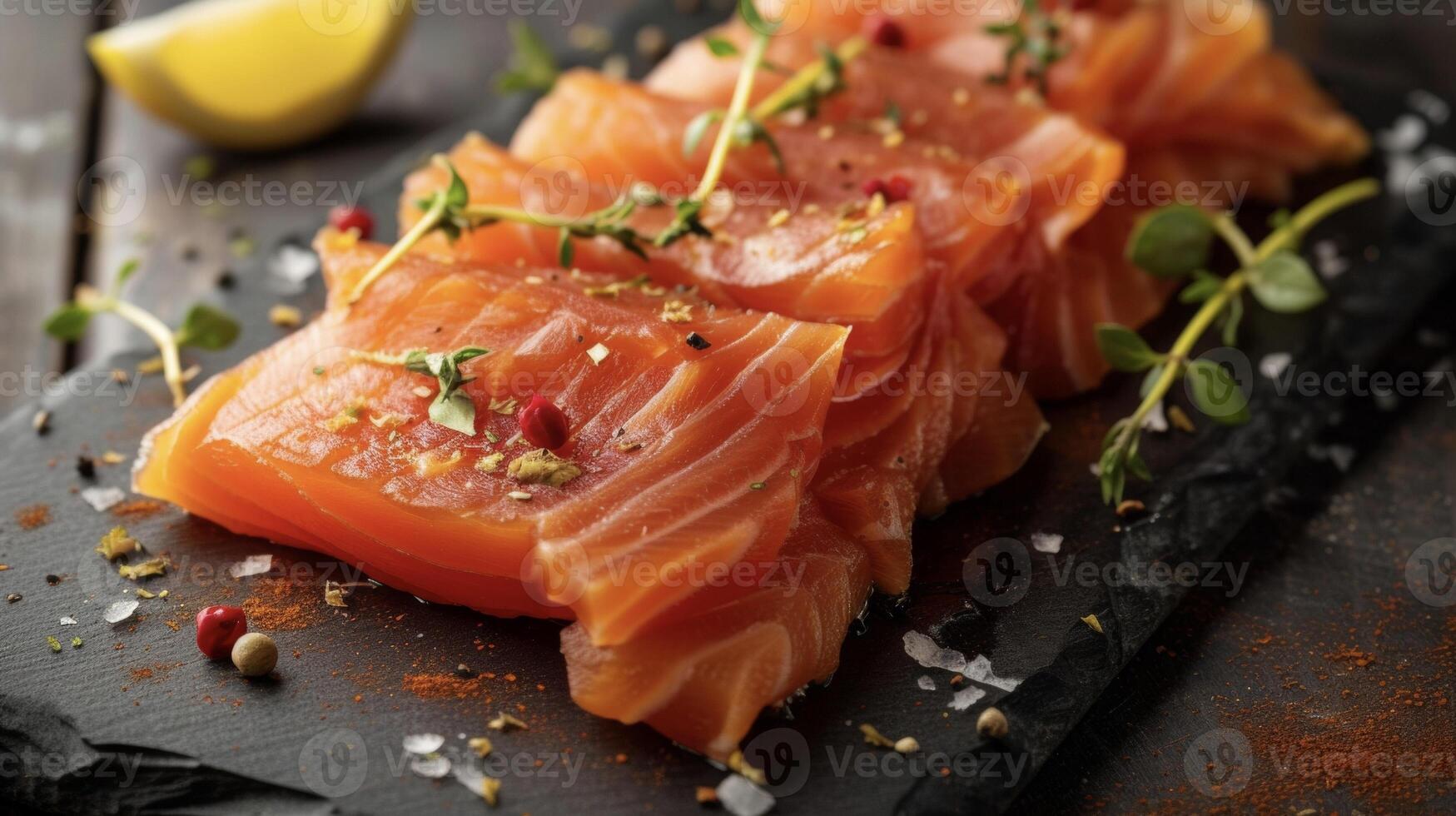 zärtlich Flocken von geräuchert Lachs infundiert mit ein tief rauchig Wesen einwandfrei ergänzen das natürlich Aromen von das Fisch foto