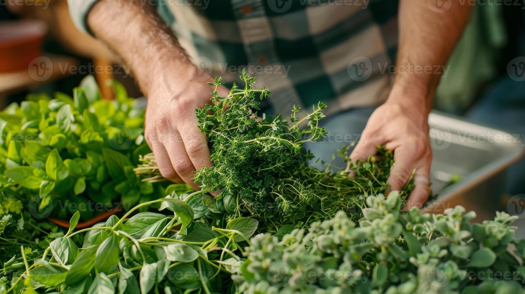 ein Mann vorsichtig Auswahl ein bündeln von frisch gepflückt Kräuter beim ein lokal Gourmet Bauern Markt foto