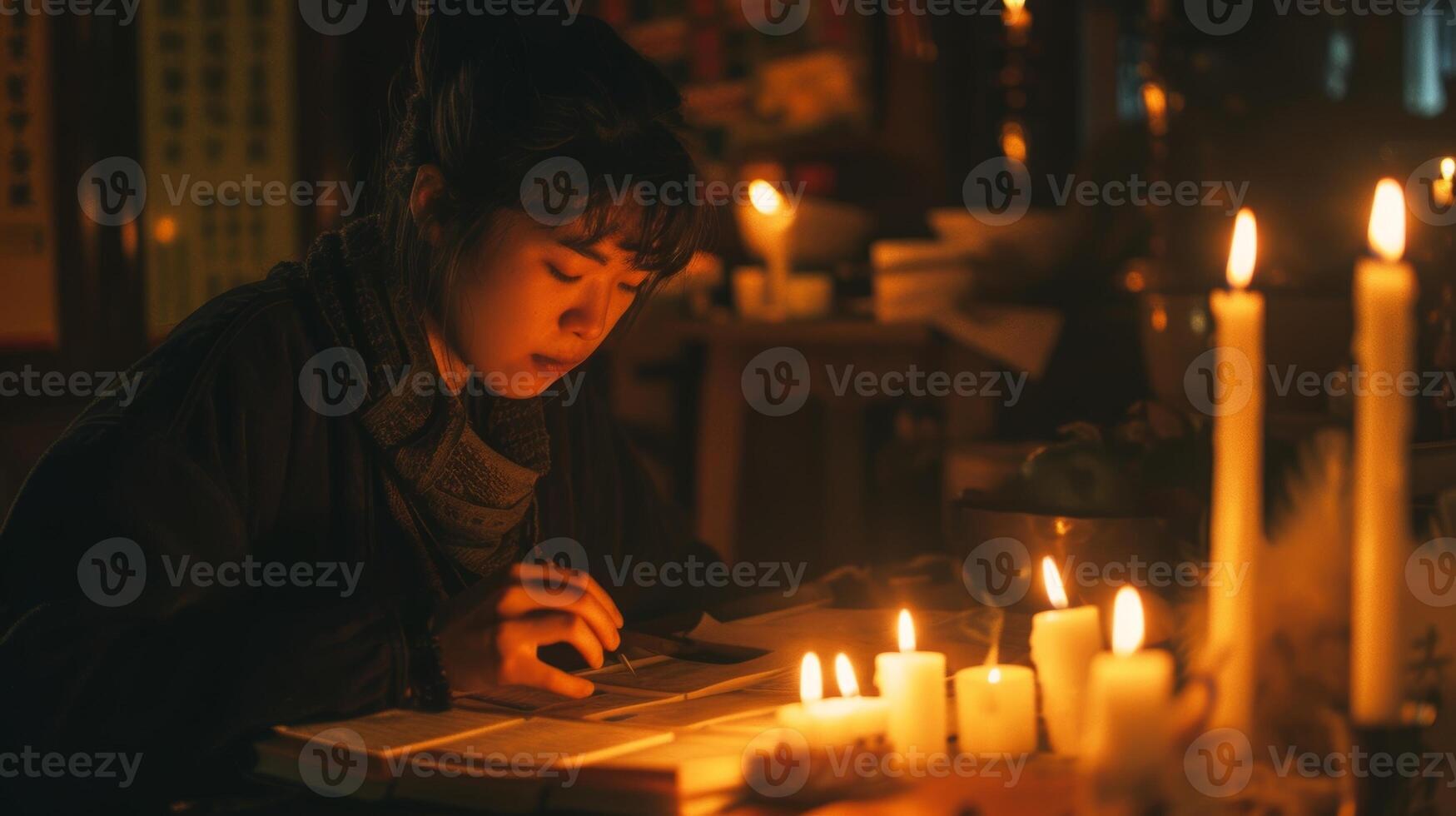 das warm Licht von das Kerzen reflektieren aus das Künstler Gesicht Hervorheben ihr heftig Konzentration. 2d eben Karikatur foto