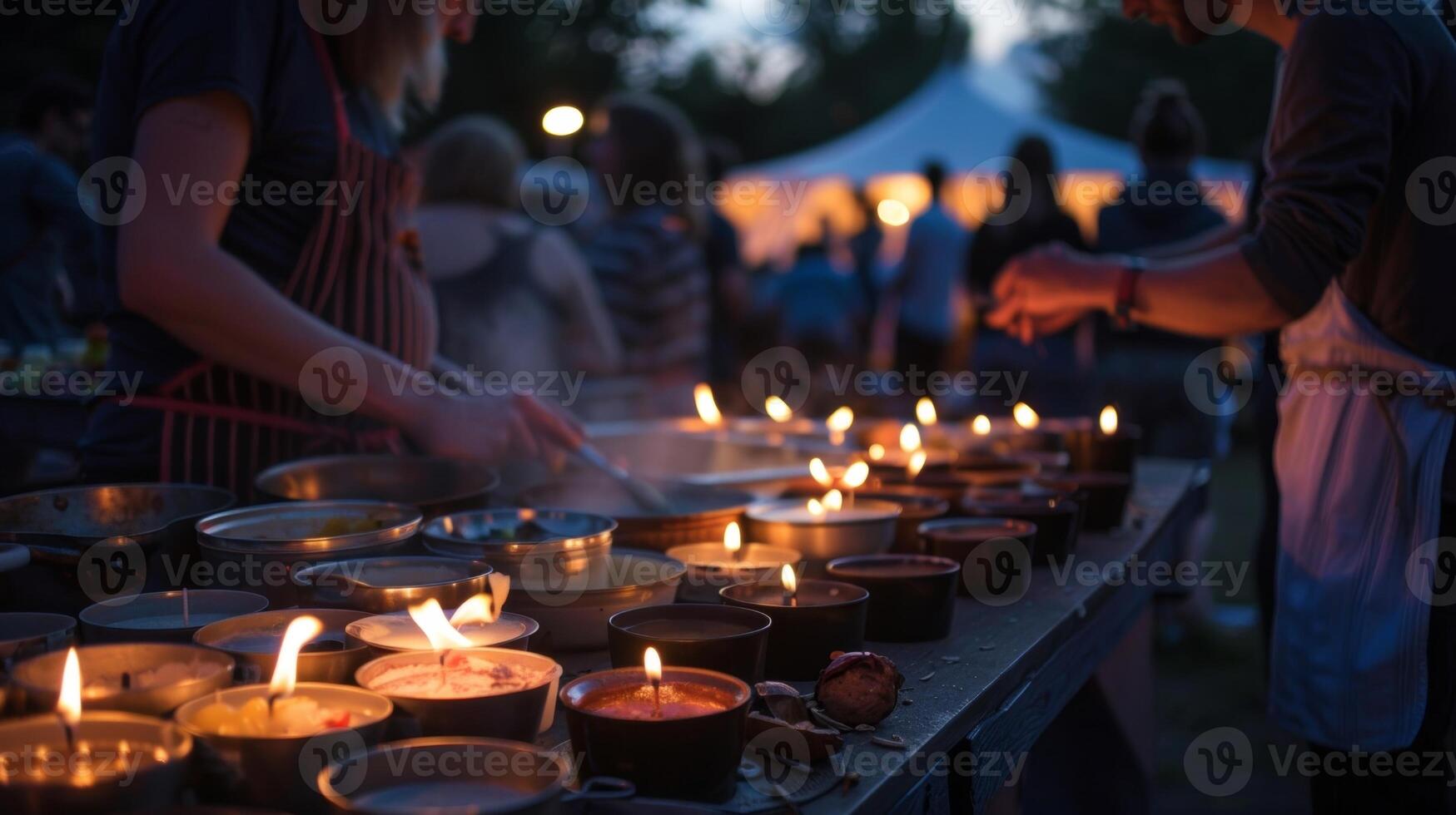 das glühen von das Kerzen gab ein warm und Begrüßung Atmosphäre zu das draussen Kochen Wettbewerb Zeichnung im neugierig Zuschauer. 2d eben Karikatur foto