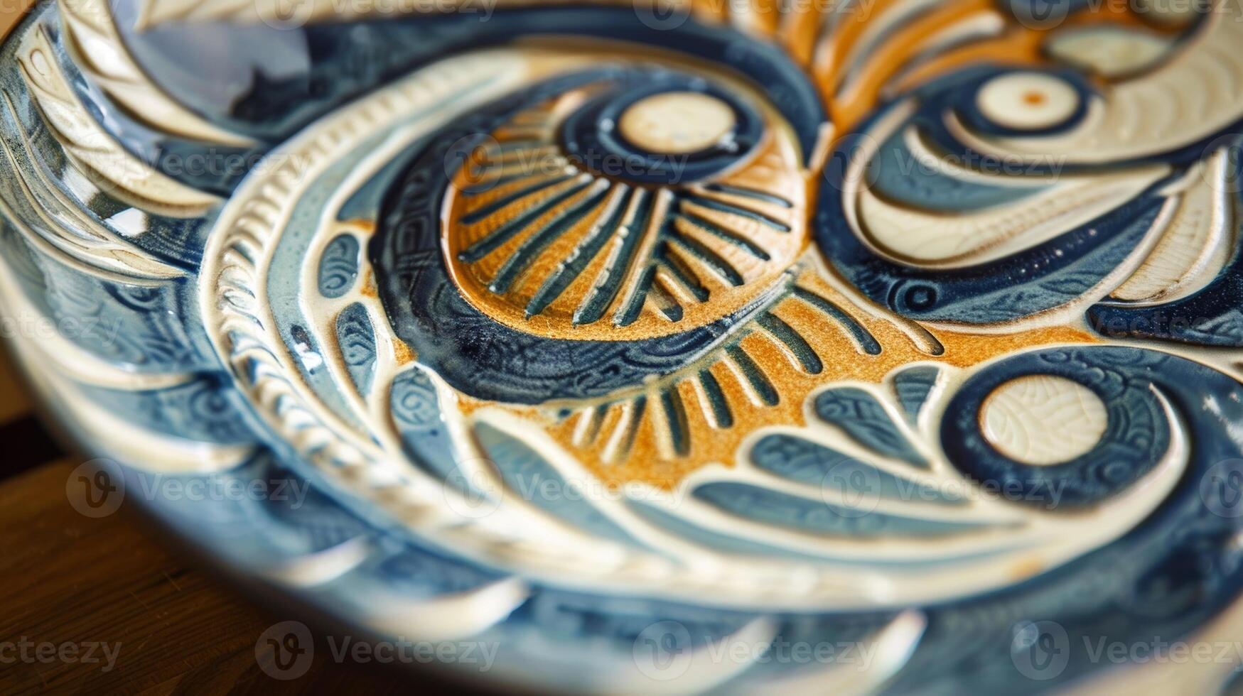 ein handgemalt Keramik Teller mit ein geschichtet Design von wirbelnd Muster präsentieren das Künstler Präzision und Fähigkeit. foto