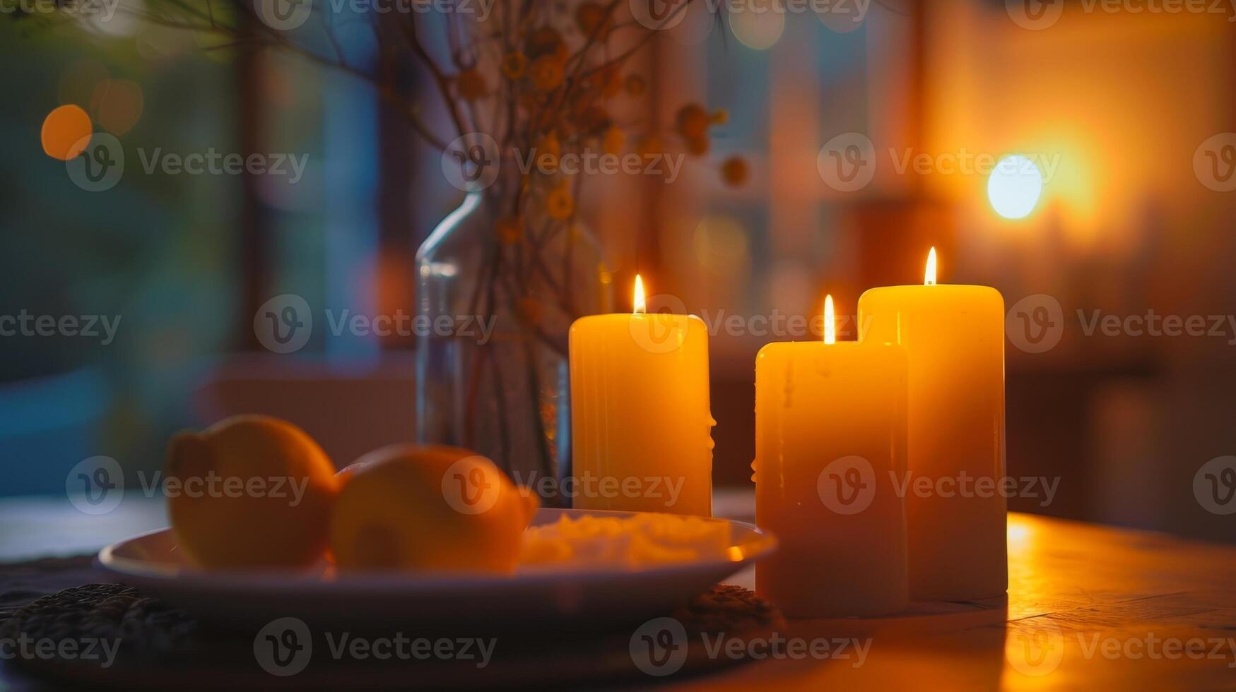 das warm glühen von Kerzen Gießen ein Sanft Licht auf ein hausgemacht Mahlzeit bereit mit Liebe und Pflege foto