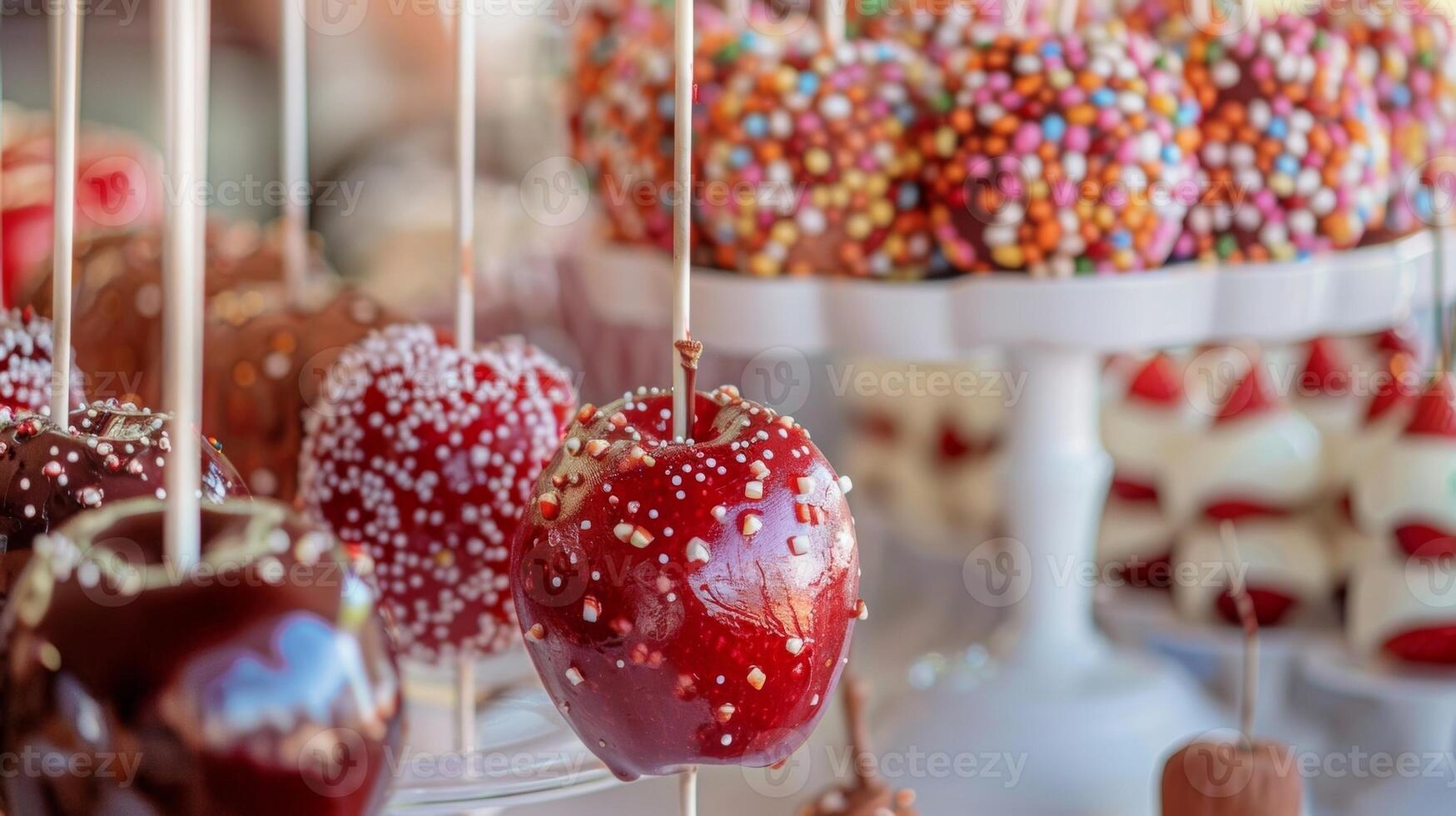 ein DIY Süßigkeiten Apfel Bahnhof ist einstellen oben mit verschiedene Belag zum Gäste zu erstellen ihr besitzen Süss Leckereien foto