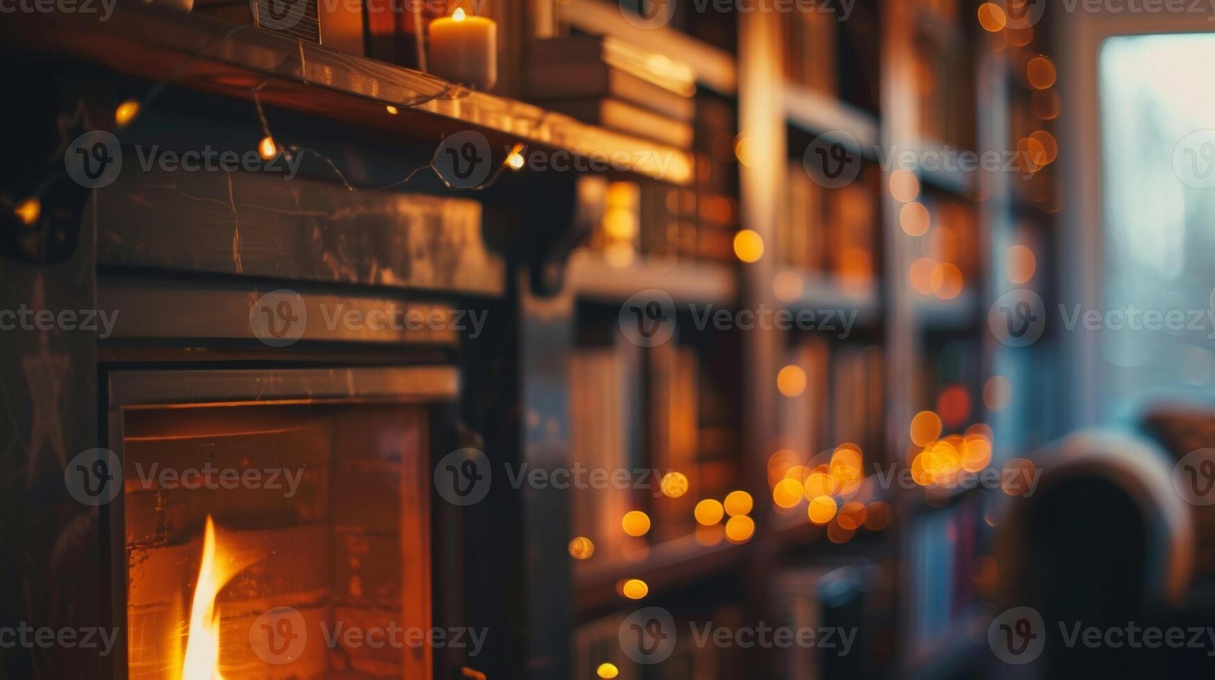 ein gemütlich Kamin eingebettet im das Ecke von das Zuhause Bibliothek Bereitstellung ein warm und einladend Ambiente zum lesen auf ein kühl Abend foto
