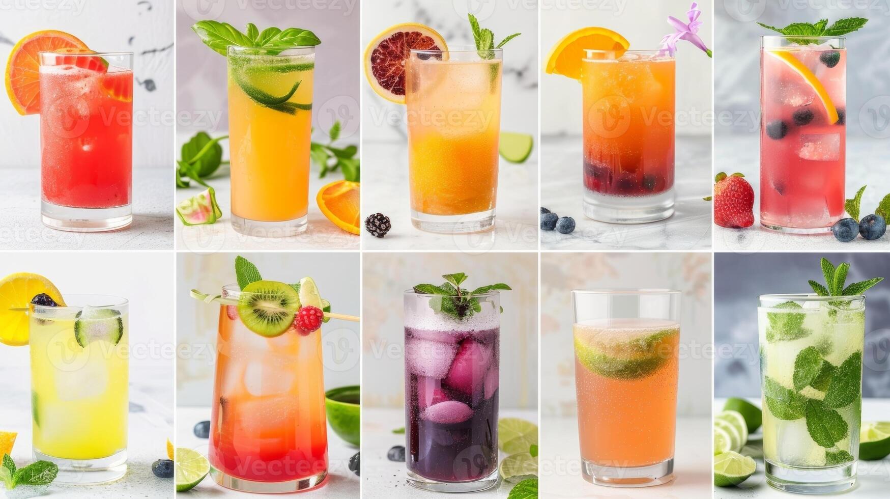 ein Collage von anders Cocktail Rezepte jeder einer mit anders Zutaten und Aromen von das DIY Cocktail basteln Kit demonstrieren das endlos Möglichkeiten zum Erstellen schmecken foto