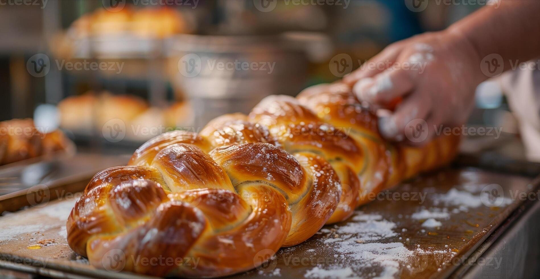 ein Bäcker vorsichtig übertragen ein schön geflochten Laib von Brot auf zu ein Backen Blatt ihr Bewegungen präzise und sanft foto