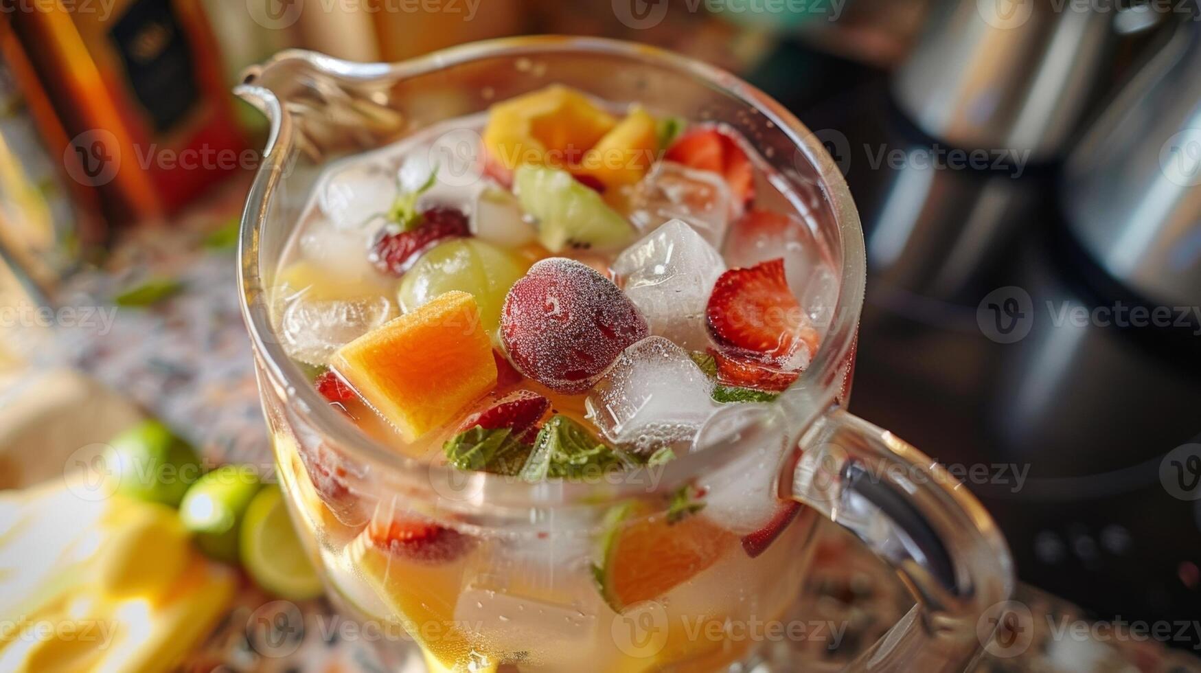 ein Krug gefüllt mit Eis Früchte und funkelnd Säfte bereit zu Sein umgewandelt in ein köstlich Jungfrau Sangria foto