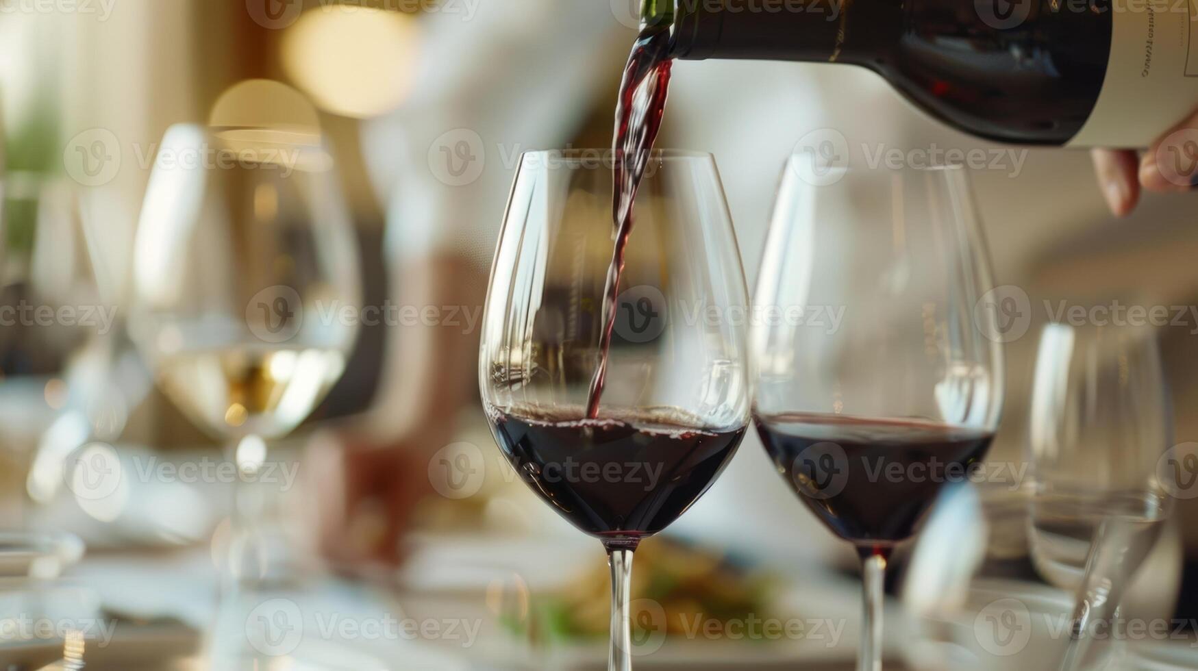 ein Sommelier Gießen ein Sommelier Gießen ein tief rot Wein in Kristall Brille ergänzen das Mahlzeit foto