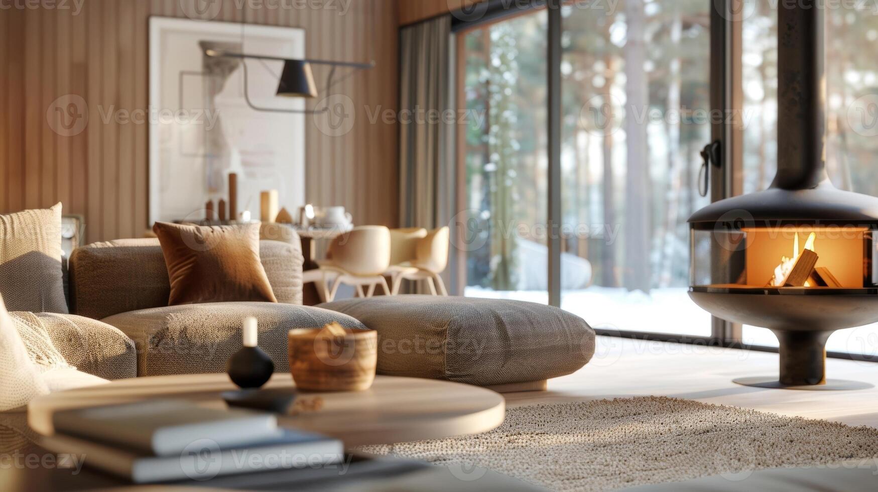 mit es ist einzigartig rotierend Design diese modern Kamin ist das perfekt Zusatz zu das minimalistisch und schick Dekor von diese skandinavisch inspiriert Leben Zimmer. 2d eben Karikatur foto