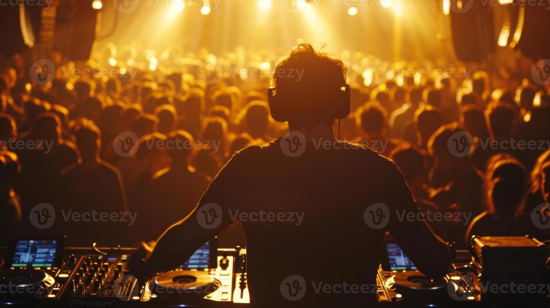 ein dj beim das Vorderseite von das Zimmer Pumpen oben das Menge mit lebhaft Musik- foto