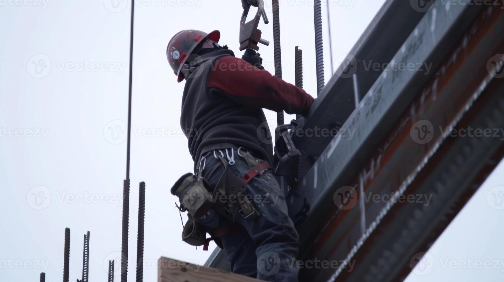 ein nah Schuss von ein Arbeiter Sicherung ein Stahl Strahl in Platz Hinzufügen zu das strukturell Integrität von das Himmelsser Ader foto