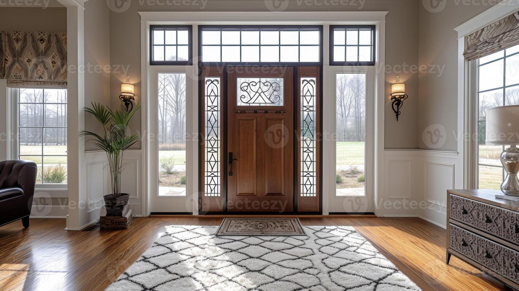 diese dekorativ Glas Paneele hinzufügen ein berühren von Charme zu das Eingang einladend Gäste in das Zuhause mit ihr schön Muster und Texturen foto