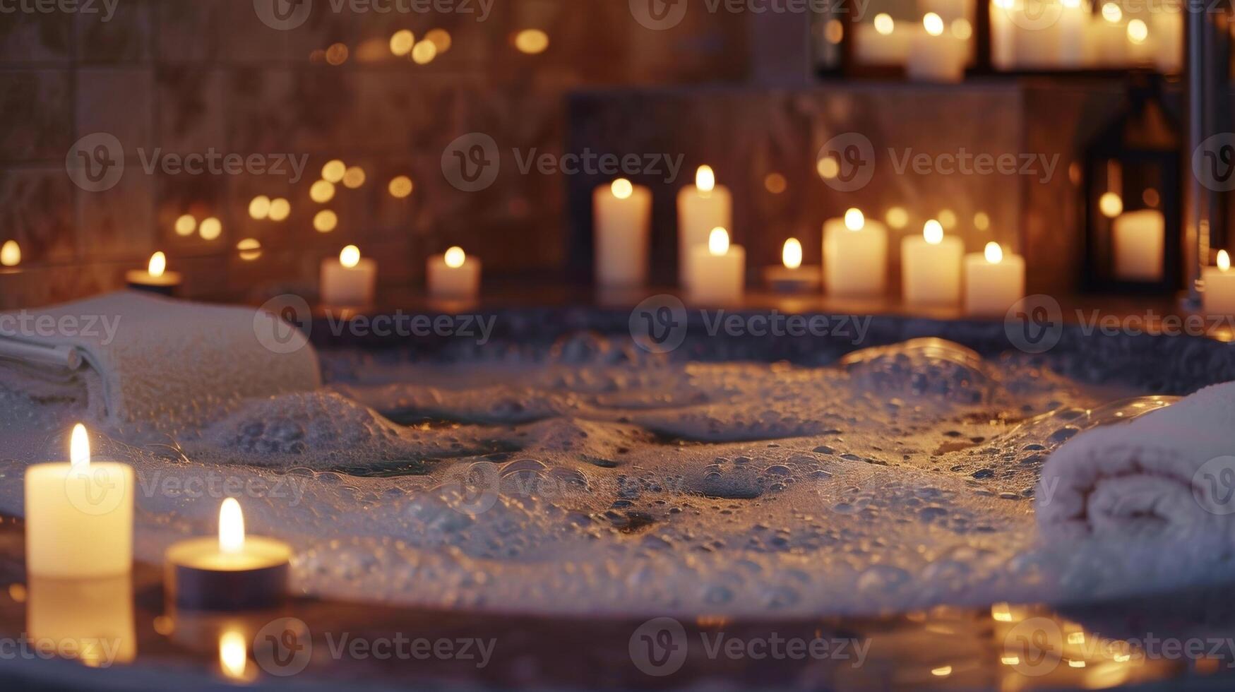 ein luxuriös Badewanne gefüllt mit Luftblasen und umgeben durch ein Ring von Kerzen von variieren Größen. das Flammen tanzen und abspielen im das Wasser Gießen faszinierend Schatten auf das 2d eben Karikatur foto