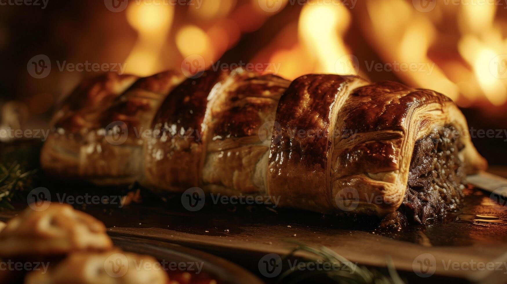 serviert Rohrleitungen heiß von das Ofen diese traditionell Rindfleisch Wellington ist ein Fest zum das Sinne. das flockig Gebäck Außen gibt Weg zu perfekt Rosa Scheiben von Rindfleisch während th foto