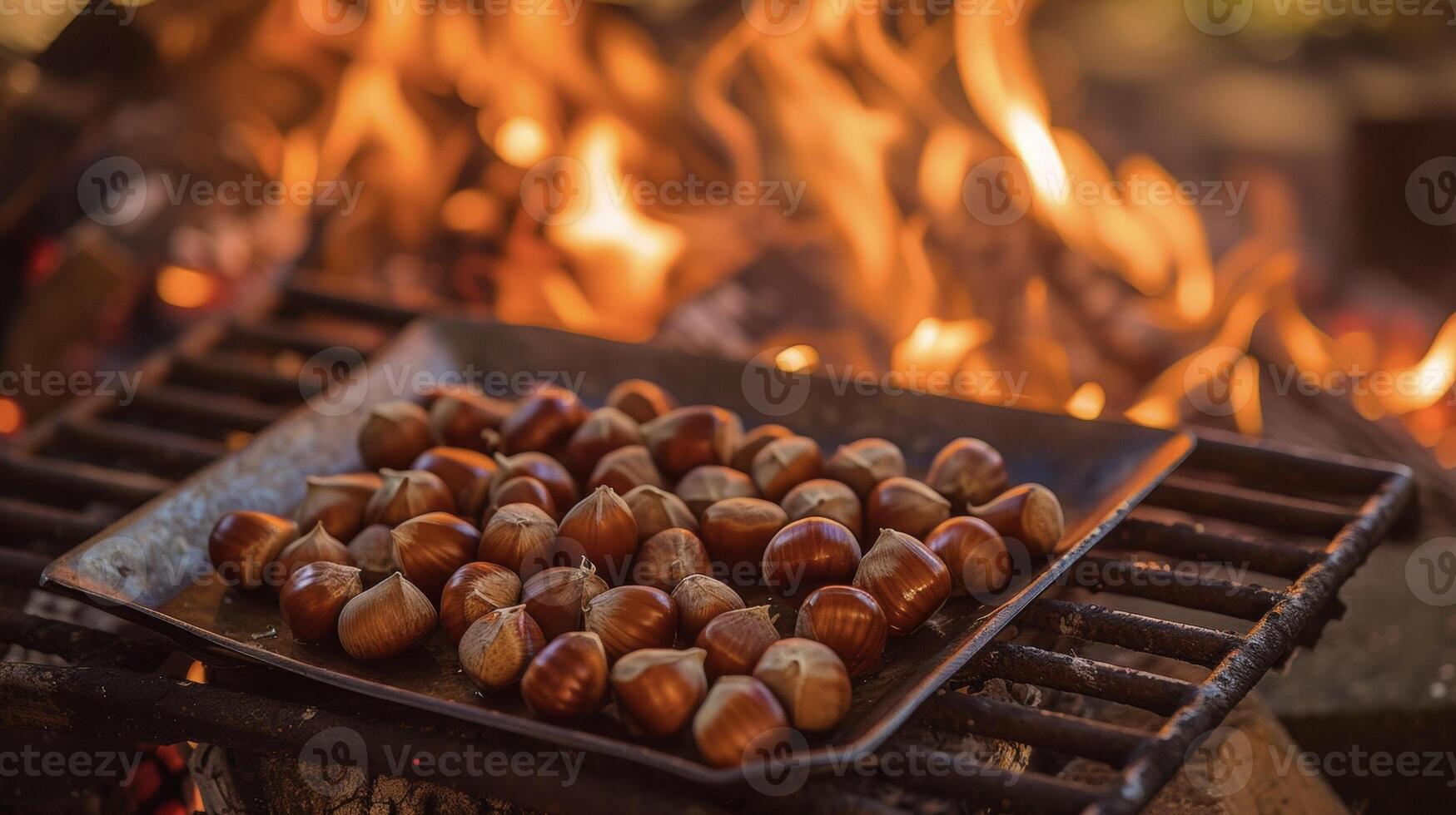 wie das Flammen tanzen und flackern ein Tablett von Kastanien ruht Über das Feuer langsam Braten zu Perfektion. das Ergebnis ein herrlich Snack das ist beide herzhaft und gesund perfekt foto