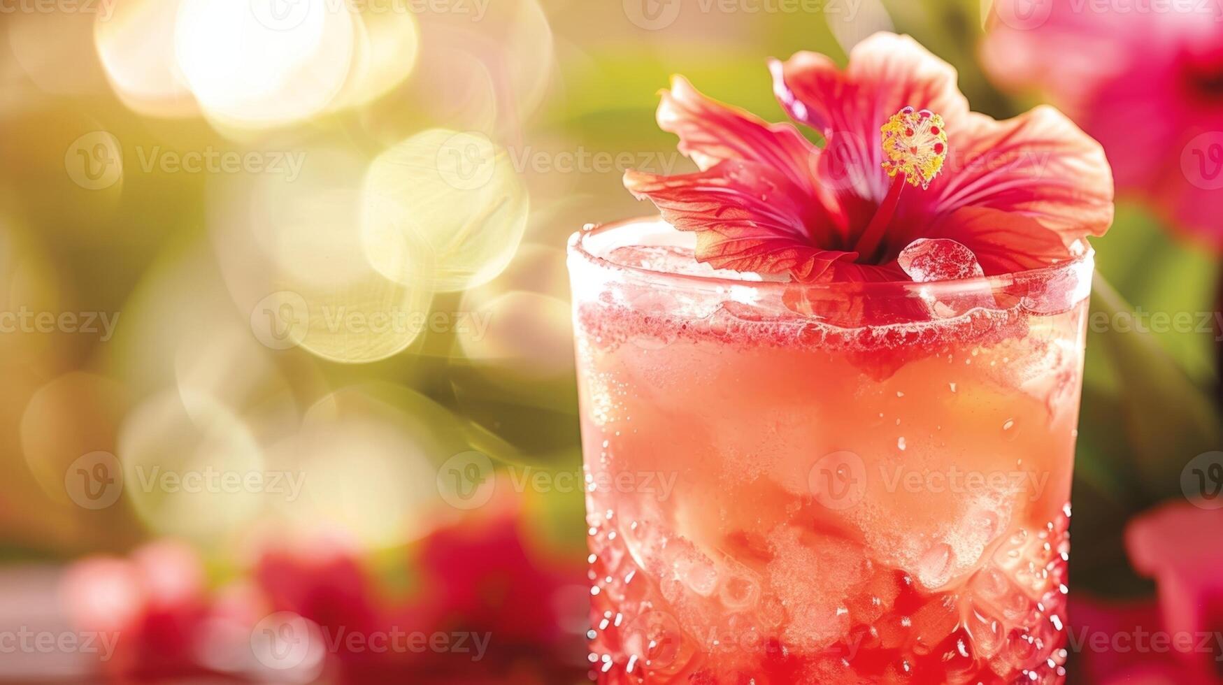 ein tropischinspiriert Getränk mit ein Hibiskus Blume Garnierung mit ein mischen von Rum Kokosnuss Wasser und Guave Saft foto