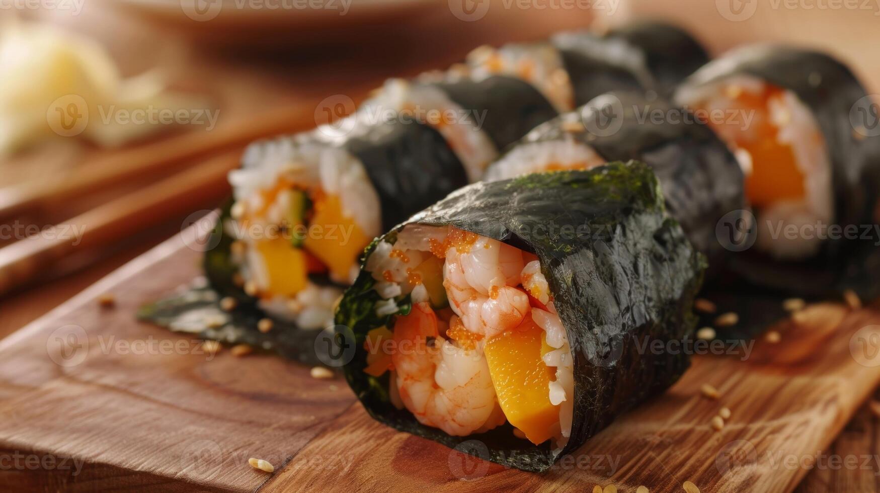 eingewickelt im Seetang und ausgestopft mit Garnele Tempura und Mango Brocken diese Sushi Rollen sind ein Freude zum beide das Augen und Geschmack Knospen foto