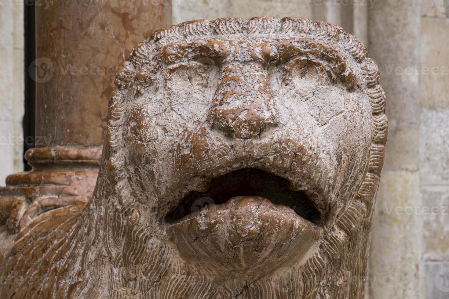 skulptur des löwen mit beten vor dem duomo in modena, italien foto