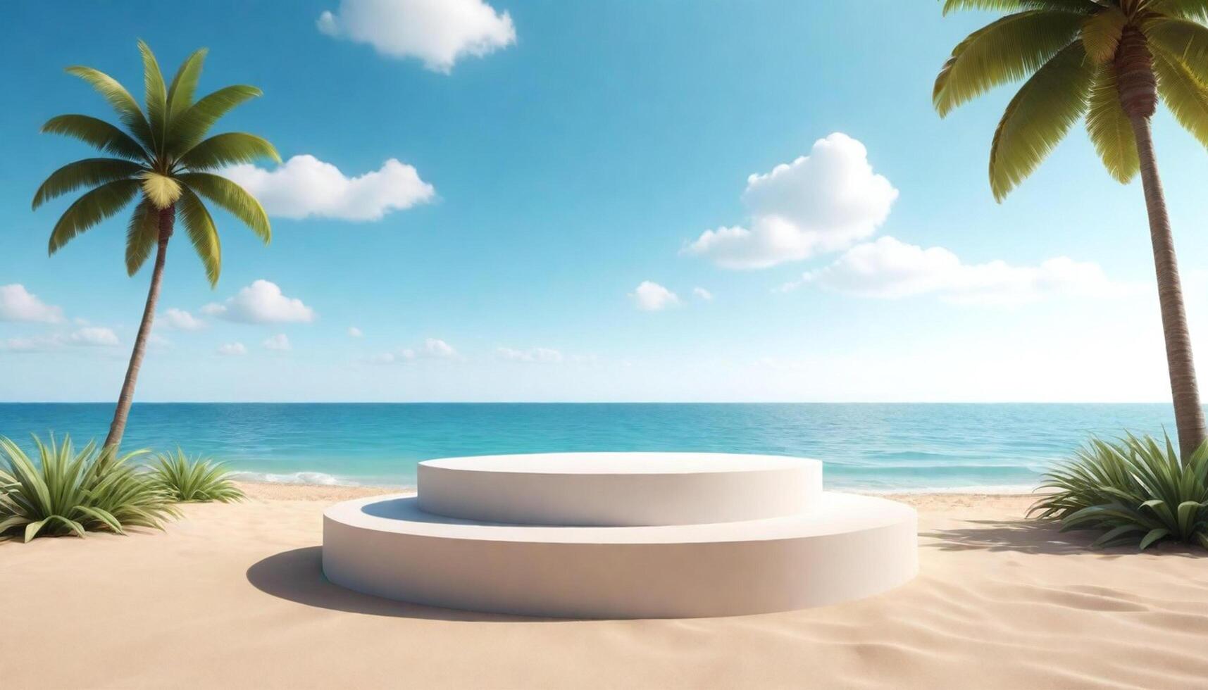 3d Podium mit Kopieren Raum zum Produkt Anzeige Präsentation auf Strand mit Blau Himmel und Weiß Wolken abstrakt Hintergrund. foto