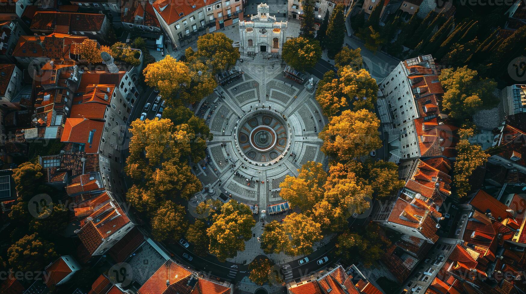 Antenne Aussicht von Kathedrale Platz im Teilt, Kroatien umgeben durch Herbst Bäume foto