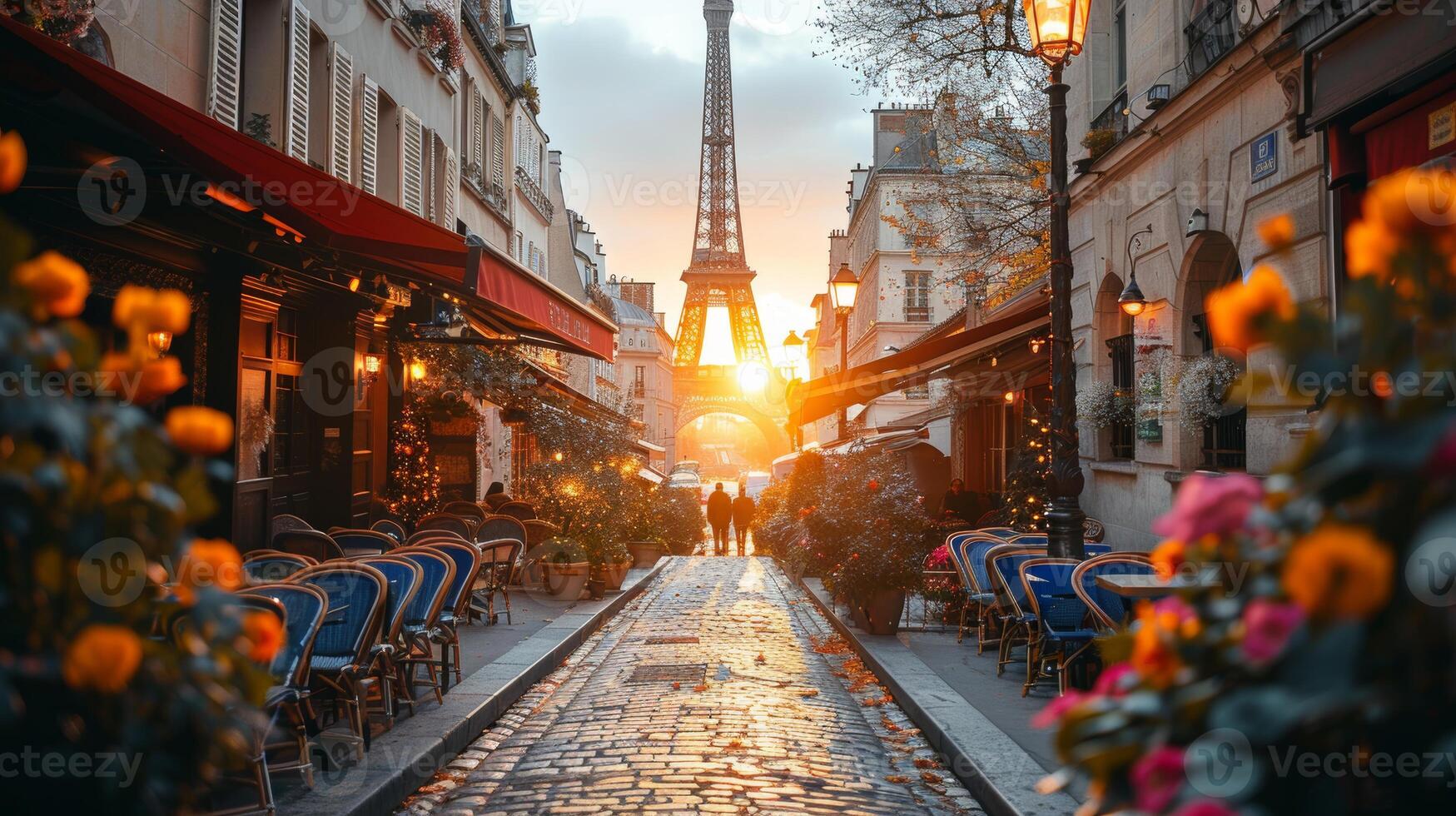 Sonnenuntergang Aussicht von Paris Straße mit Eiffel Turm und Cafe Ambiente foto