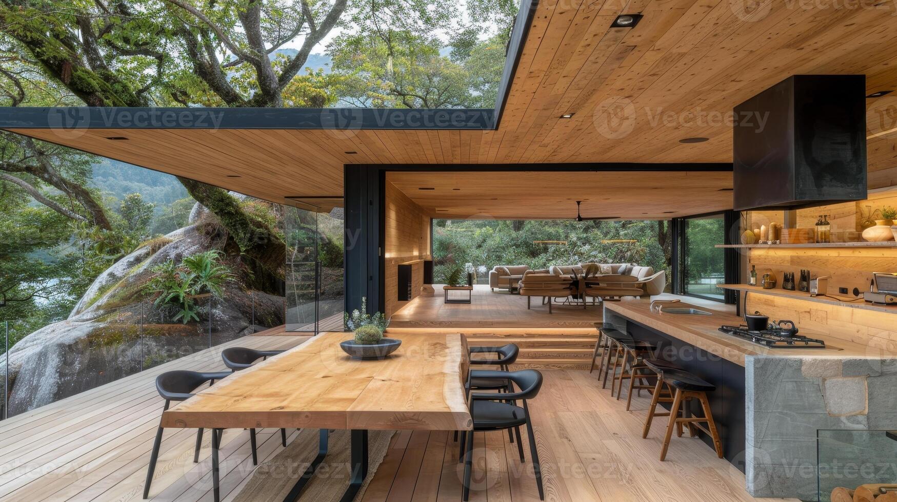 atemberaubend modern schwarz Dachgeschoss Haus mit Stahl Rahmen Pavillon und fesselnd Natur Aussicht foto